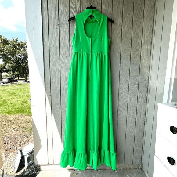 Vintage 60s/70s House of Bianchi Green Maxi Dress M/L Keyhole Back Mod Ruffle He - Picture 1 of 5